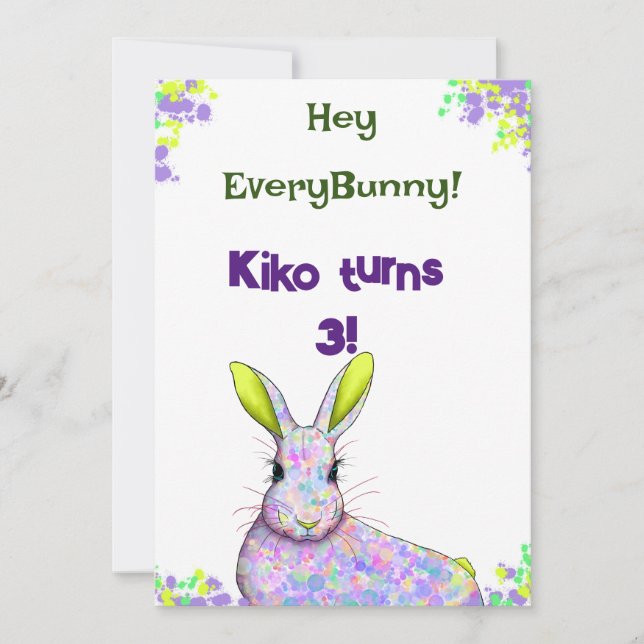 Inbjudningskort för Violett Kanin-fest (Framsida)