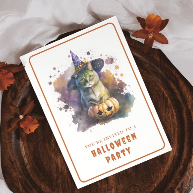 Inbjudningskort för Watercolor Cat Halloween (Skapare uppladdad)