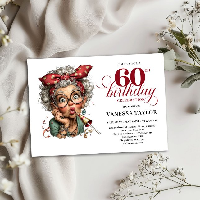 Inbjudningskort till 60-årsfirande Roligt och toki (60th Birthday Invite Card Quirky Funny Old Lady)