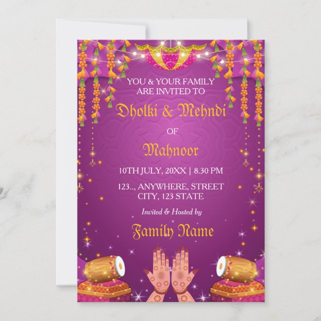 Inbjudningskort till Dholki & Mehndi-kväll (Framsida)