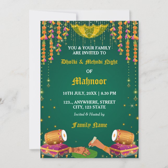 Inbjudningskort till Dholki & Mehndi-kväll (Framsida)
