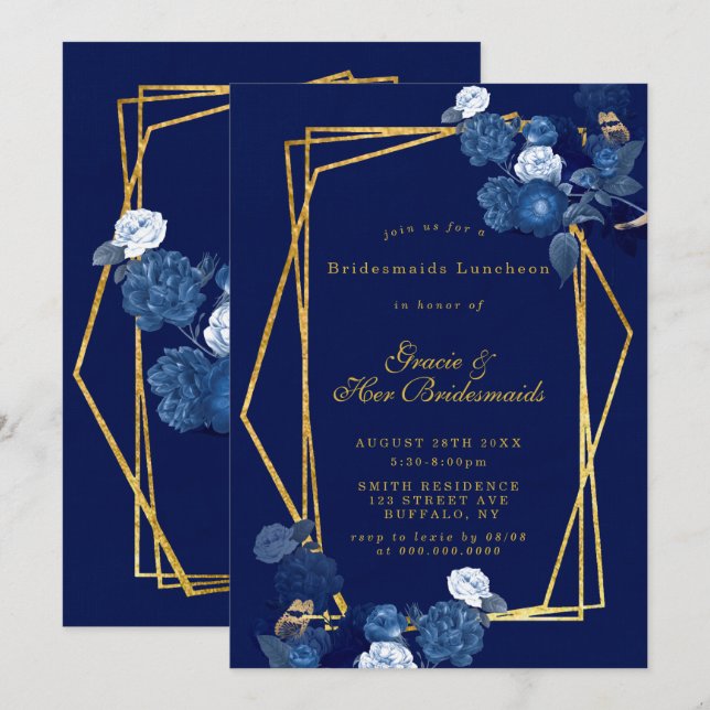 Inbjudningskorten Blue & Guld Blommigt Bridesmaids (Fram/baksida)