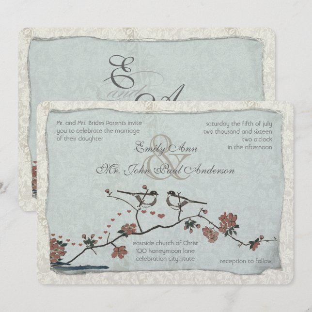 Inbjudningskorten Cinnamon och Blue Love Bird Dama Inbjudningar (Fram/baksida)