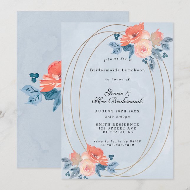 Inbjudningskorten Coral Dusty Blue Guld Bridesmaid (Fram/baksida)
