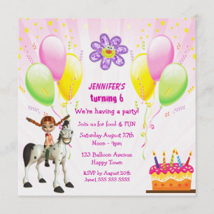 Inbjudningskorten Cute Pony, Cake & Balloons, Föde Inbjudningar
