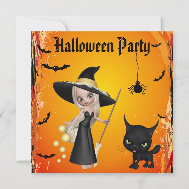 Inbjudningskorten Cute Witch, Cat & Spider Hallowe Inbjudningar (Framsida)