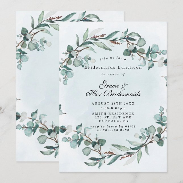 Inbjudningskorten Dusty Blue Greenery Bridesmaids  (Fram/baksida)