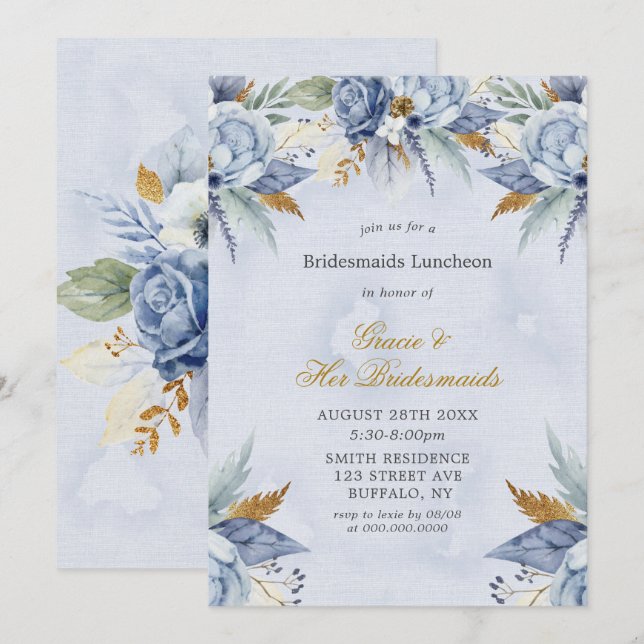 Inbjudningskorten Dusty Blue Guld Peony Bridesmaid (Fram/baksida)