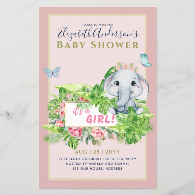 Inbjudningskorten Elephant Baby Shower Gender Reve Flygblad (Framsidan)
