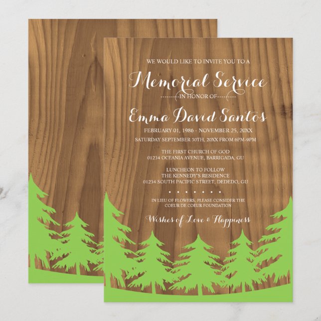 Inbjudningskorten för Grönt Forest Memorial Servic Inbjudningar (Fram/baksida)