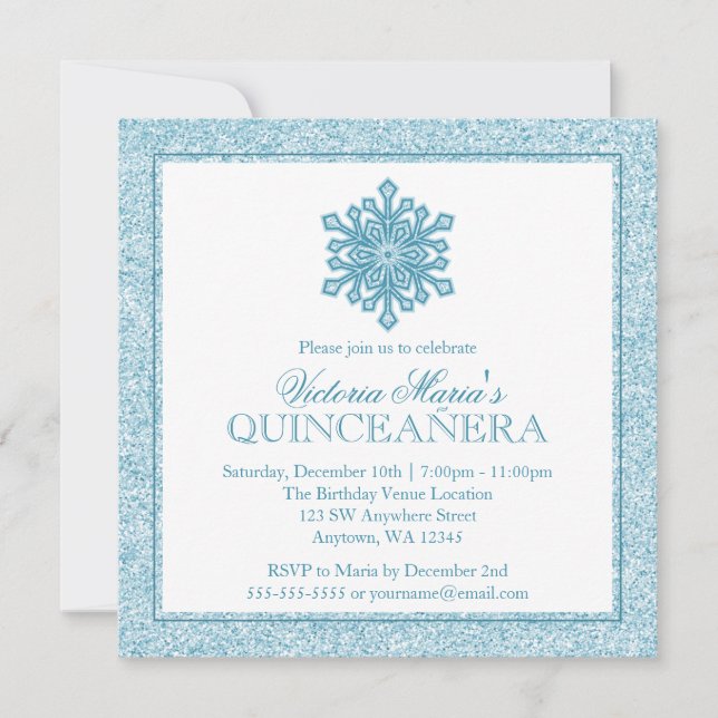 Inbjudningskorten Glitter Snowflake Teal Quinceane Inbjudningar (Framsida)