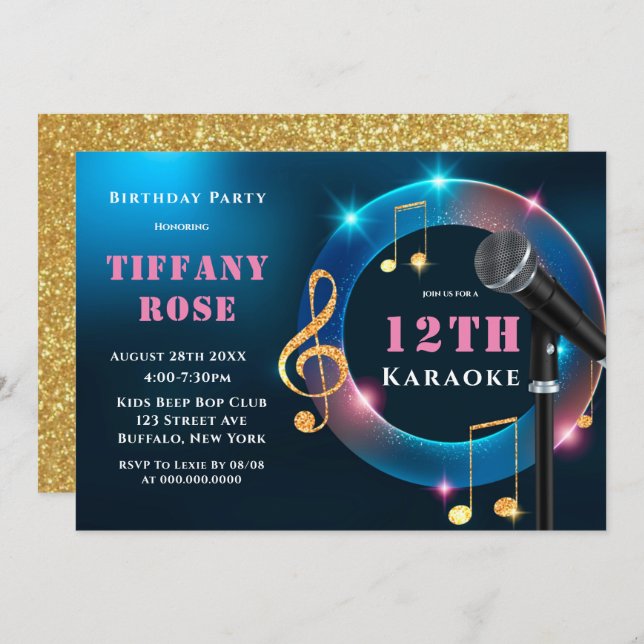Inbjudningskorten i Karaoke Rosa och Guld 12:e Föd (Fram/baksida)