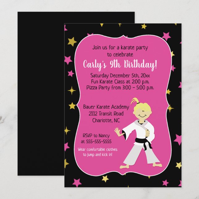 Inbjudningskorten Karate Party Girl Birthday Inbjudningar (Fram/baksida)