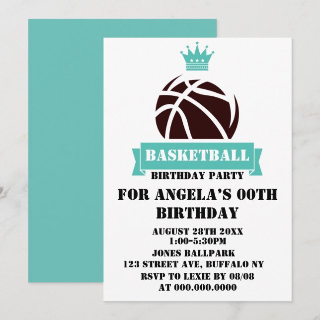 Inbjudningskorten Princess Teal Basketball Födelse (Fram/baksida)