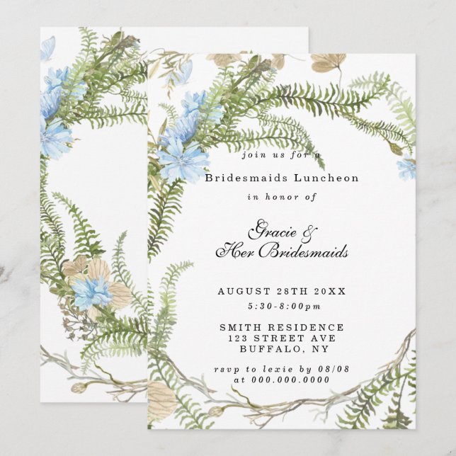 Inbjudningskorten Rustic Summer Fern Bridesmaids L (Fram/baksida)