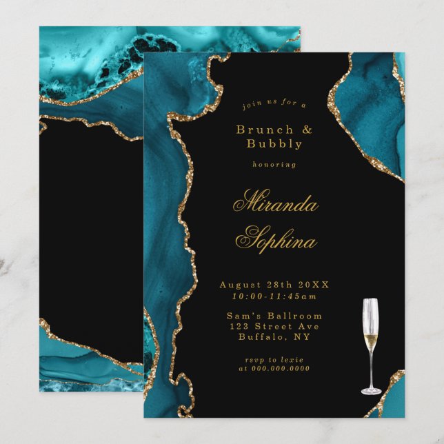 Inbjudningskorten Teal och Guld Agate Stone Brunch Inbjudningar (Fram/baksida)