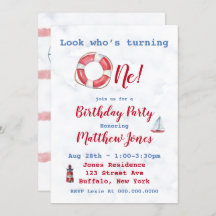 Inbjudningskorten Watercolor Nautical Boy 1st Birt