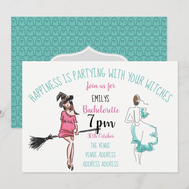 INBJUDNINGSKORTEN Witches för FUNNY Halloween Bach Inbjudningar (Fram/baksida)