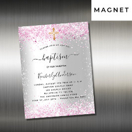 Inbjudningsmagnet Baptism silver rosa glitter