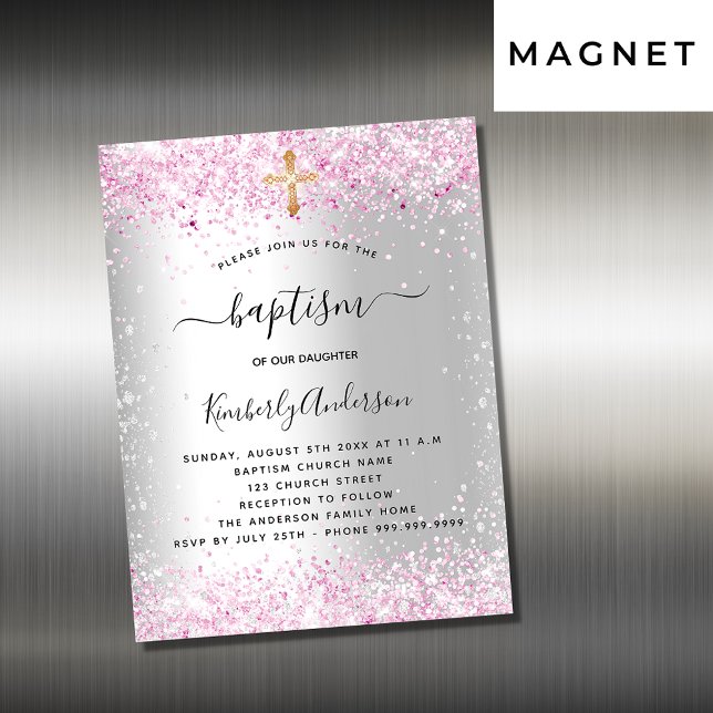 Inbjudningsmagnet Baptism silver rosa glitter (Skapare uppladdad)