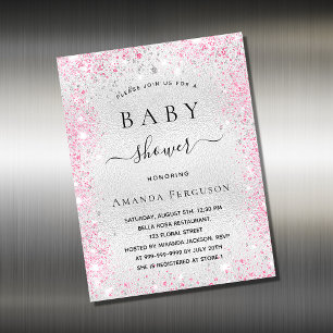 Inbjudningsmagnet för babyduschen silver glitter r