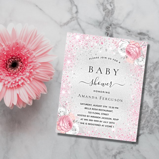 Inbjudningsmagnet för rosa av babydusch silver (Skapare uppladdad)