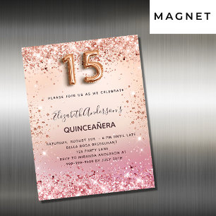 Inbjudningsmagnet Quinceanera rosa ros guld
