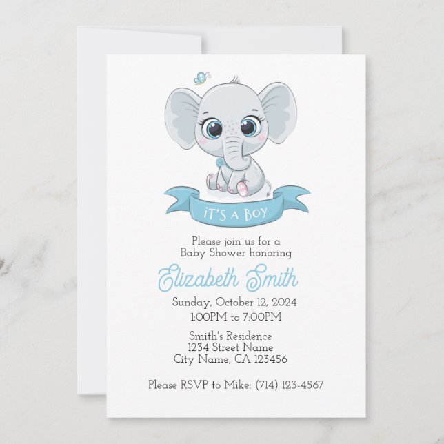 Inbjudningsmall för baby Elelphant Baby Shower. Inbjudningar (Framsida)
