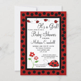 Inbjudningsmall för Red Black Ladybug Baby Shower Inbjudningar