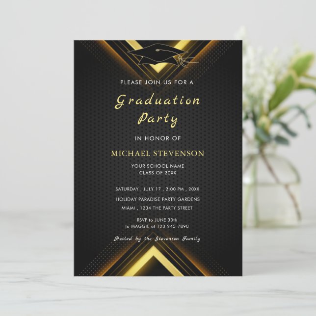 Inbjudningsmall för svartvitt och Guld Studenten (Stående Fram)