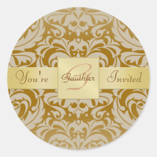 Inbjudningsmärke för Guld Monogram Tan Damask Runt Klistermärke