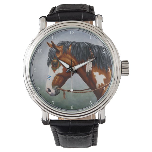Inbyggd amerikansk Bay Pinto Krig Horse Armbandsur (Framsida)