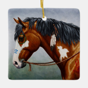 Inbyggd amerikansk Bay Pinto Krig Horse Julgransprydnad Keramik