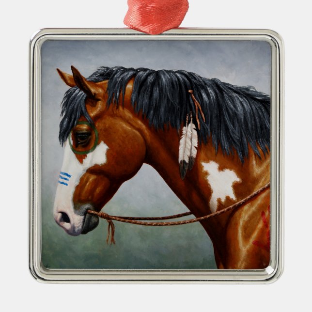 Inbyggd amerikansk Bay Pinto Krig Horse Julgransprydnad Metall (Framsidan)