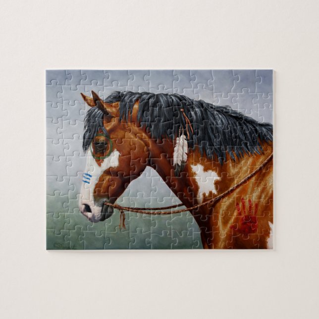 Inbyggd amerikansk Bay Pinto Krig Horse Pussel (Horisontell)