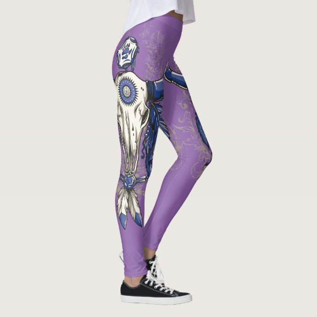 Inbyggd amerikansk BULL SKULL Blue Leggings (Höger)