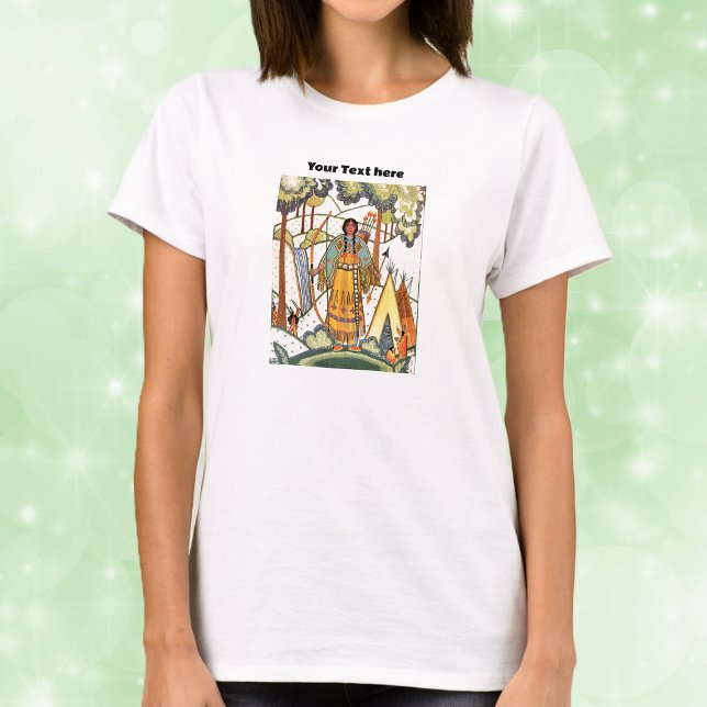 Inbyggd amerikansk Dam Waterfall Tepee Embroidery T Shirt (Native American lady in forest by waterfall in traditional clothing with embroidered look on shirt.)