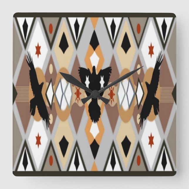 Inbyggd amerikansk Kråka Wall Clock Fyrkantig Klocka (Framsida)