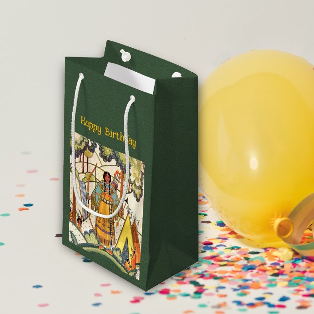 Inbyggd amerikansk tepee i Skogen Embroized-look (Native American scene in woods embroidered texture woman tepee green Birthday gift bag.)