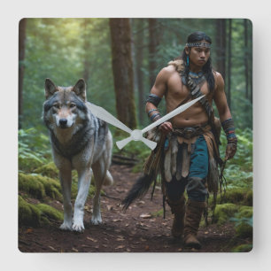 Inbyggd amerikansk Warrior & Varg Wildlife-design Fyrkantig Klocka