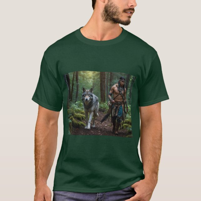 Inbyggd amerikansk Warrior & Varg Wildlife-design T Shirt (Framsida)