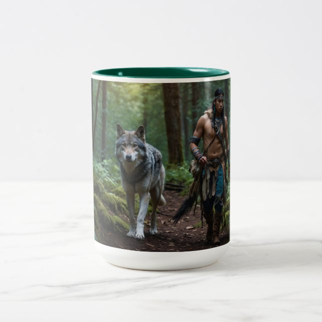 Inbyggd amerikansk Warrior & Varg Wildlife-design Två-Tonad Mugg (Center)