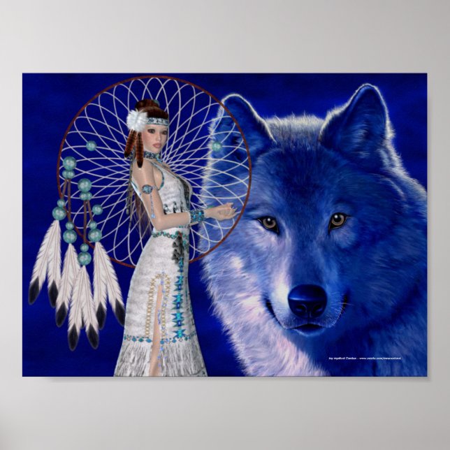 Inbyggd amerikansk Woman & Blue-Varg Poster Skriv  (Framsidan)