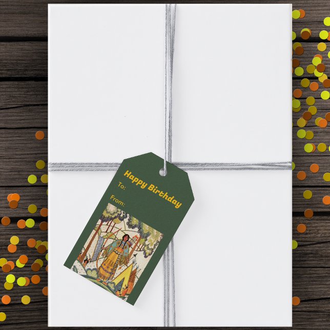 Inbyggd amerikansk Woman Skogen Waterfall Embroide Presentetikett (Native American woman embroidery texture by waterfall tepee on dark green Birthday gift tags.)