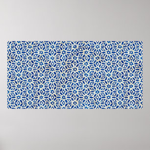 Inbyggd batik vattenfärgskonstnärlig blå och vit p poster