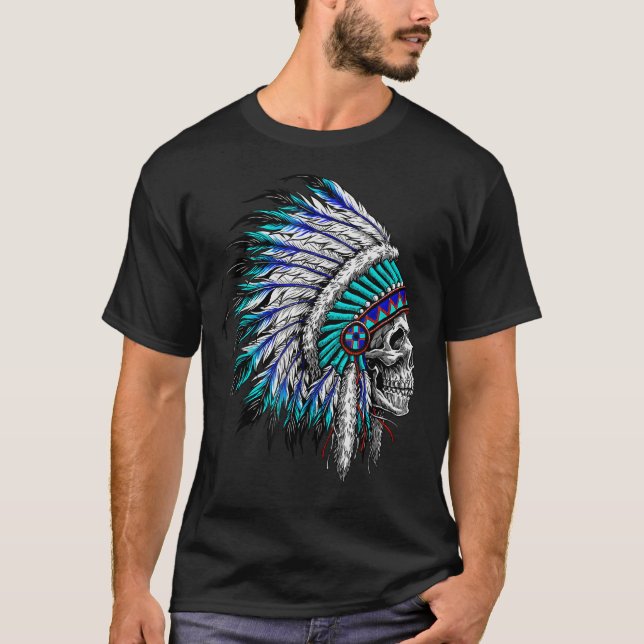 Inbyggd Indian Skull Eagle Feather Headdre T Shirt (Framsida)