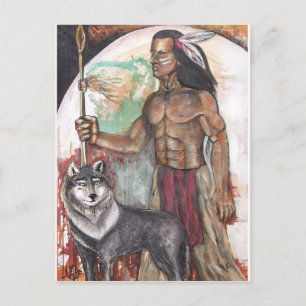 Inbyggd Indian & Varg Vykort