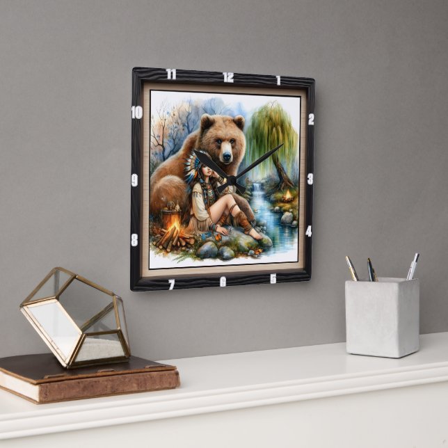 Inbyggd indisk kvinna Bear Träd Fyrkantig Klocka (Kontor)