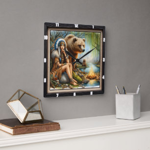 Inbyggd indisk kvinna utan tidslös björn fyrkantig klocka