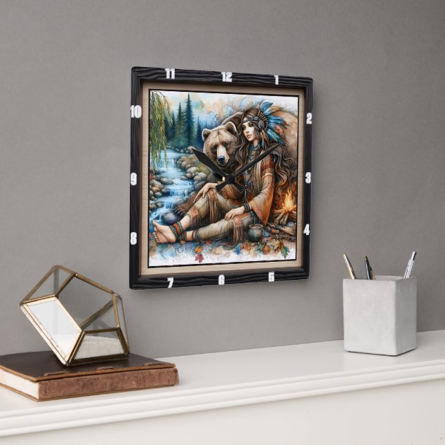 Inbyggd indisk kvinnlig björnbrand fyrkantig klocka (Kontor)